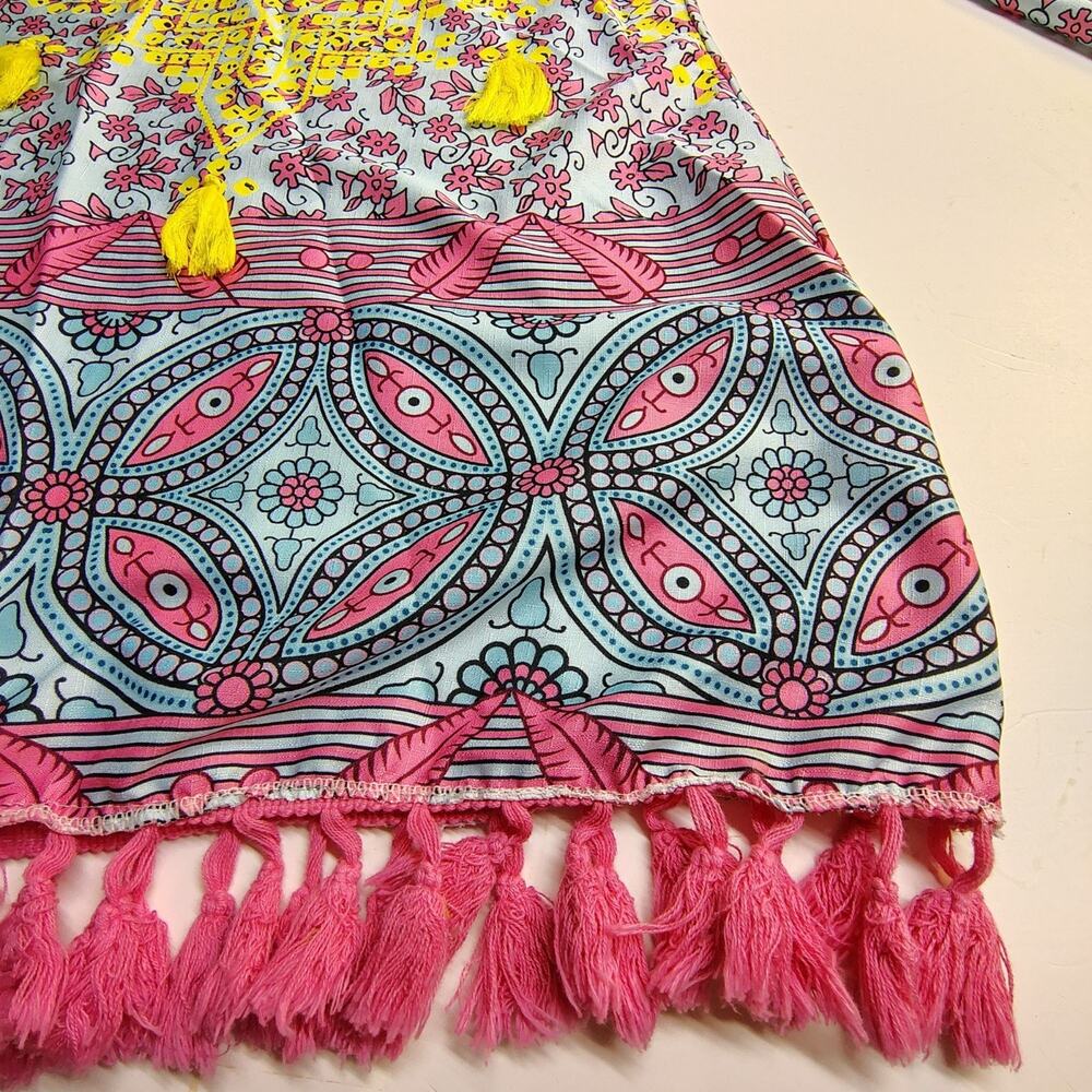Mislook Tunic Boho Vibrant Eclectri Floral Tassels Fringe Pink Coastal Fairy Cow - Picture 4 of 11